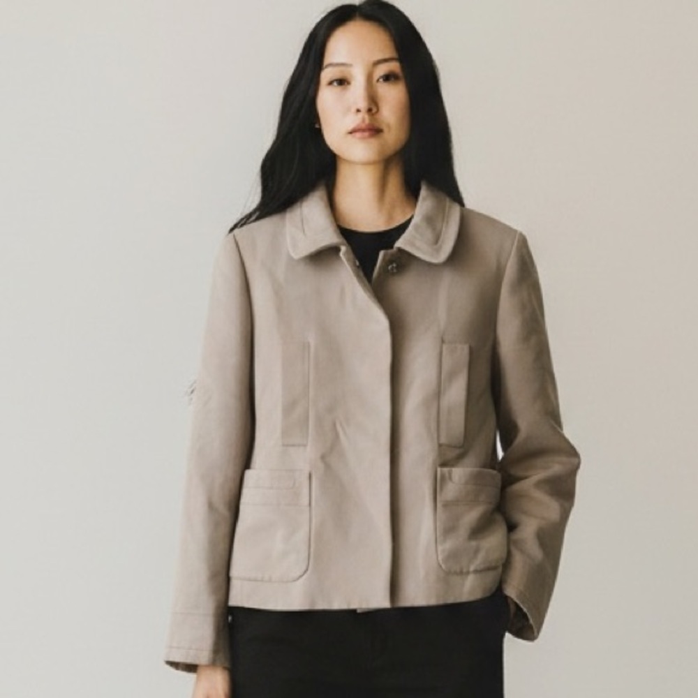 Ba&sh Beige Taupe Cotton and Virgin Wool Boxy Fit Snap Button Coat Jacket